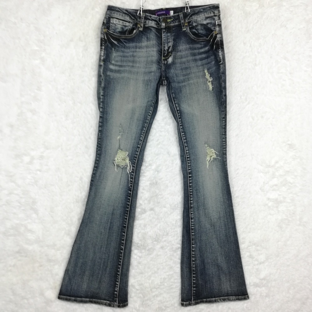 Vigoss Womens Jeans Flare Low Flap Pocket Blue Denim Vintage Wash Distressed 7 - Picture 1 of 10